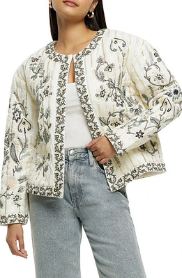 River Island Floral Embroidered Metallic Stripe Jacket in Cream at Nordstrom, Size Medium