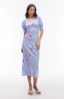 Topshop Floral Puff Sleeve Midi Dress Light Blue at Nordstrom, Us