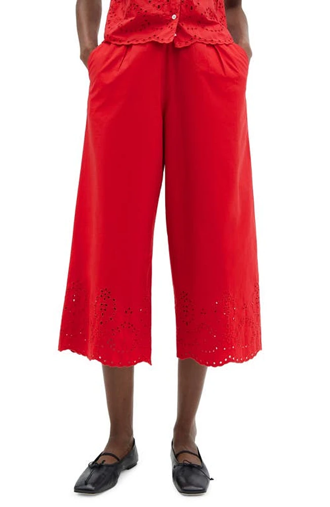 MANGO Eyelet Crop Wide Leg Pants in Red at Nordstrom, Size Small