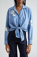 Cinq à Sept Lya Beaded Floral Stripe Cotton Blend Shirt Oxford Blue at Nordstrom,