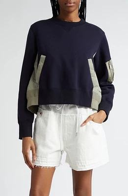 Sacai Sponge Mixed Media Sweatshirt in Navyl X L/Khaki at Nordstrom, Size 3