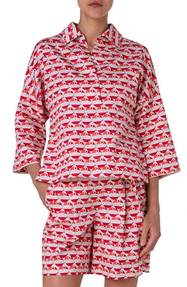 Akris punto Flamingo Dot Print Cotton Satin Shirt Beige-Red-Coral at Nordstrom,