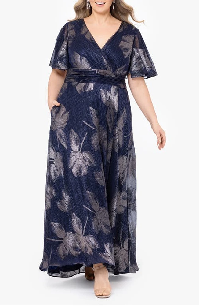 Betsy & Adam Floral Foil Print Flutter Sleeve Gown in Navy/Gunmetal at Nordstrom, Size 18W