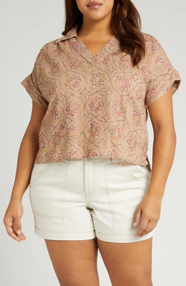 Wit & Wisdom Embroidered Floral Short Sleeve Woven Top Mocha Multi at Nordstrom,