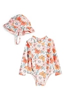 Tucker + Tate Floral Ruffle Long Sleeve One-Piece Rashguard Swimsuit & Sun Hat Set at Nordstrom,