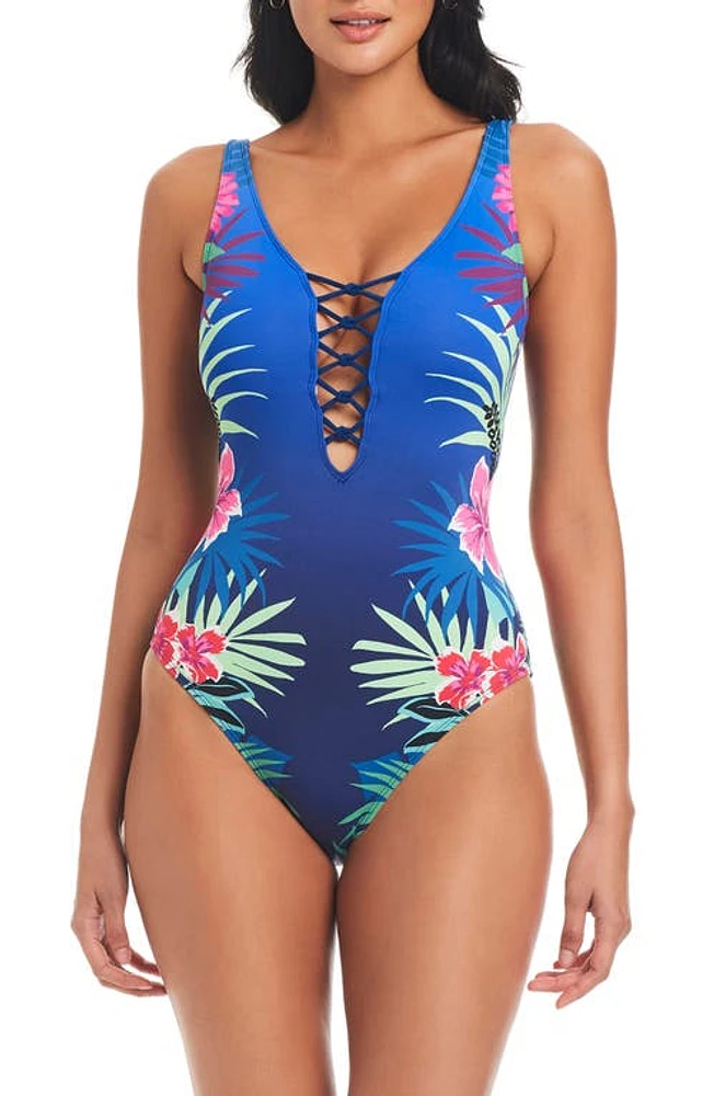 Rod Beattie Faux Lace-Up One-Piece Swimsuit Blue Floral Multi at Nordstrom,