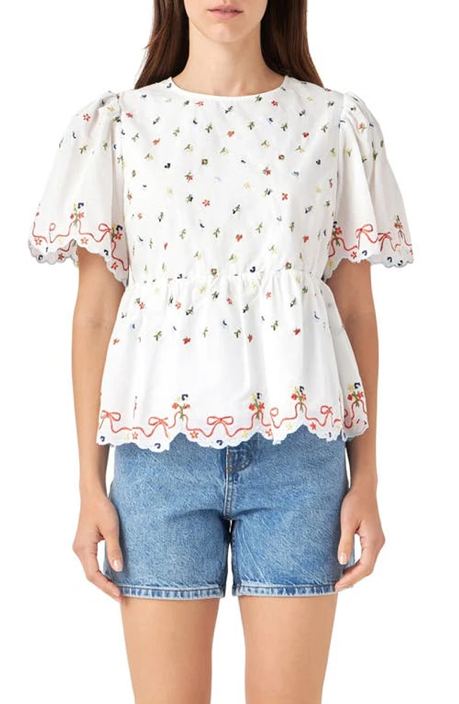 English Factory Floral Embroidered Scallop Top in White at Nordstrom, Size X-Small