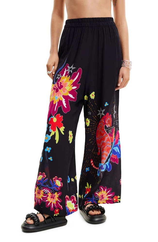 Desigual Jungle Design Palazzo Trousers Black at Nordstrom,