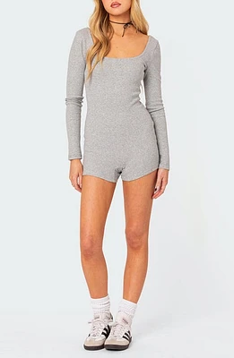 EDIKTED Nolan Long Sleeve Open Back Stretch Cotton Romper Gray-Melange at Nordstrom,