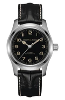 Hamilton Khaki Field Automatic Leather Strap Watch, 42mm in Black/Silver at Nordstrom