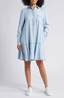 caslon(r) Flounce Hem Long Sleeve Chambray Shirtdress Ice Wash at Nordstrom,