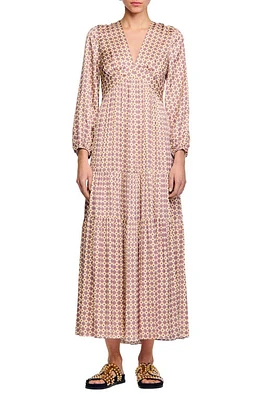 sandro Jayane Long Sleeve Satin Maxi Dress Ecru /Pink at Nordstrom,