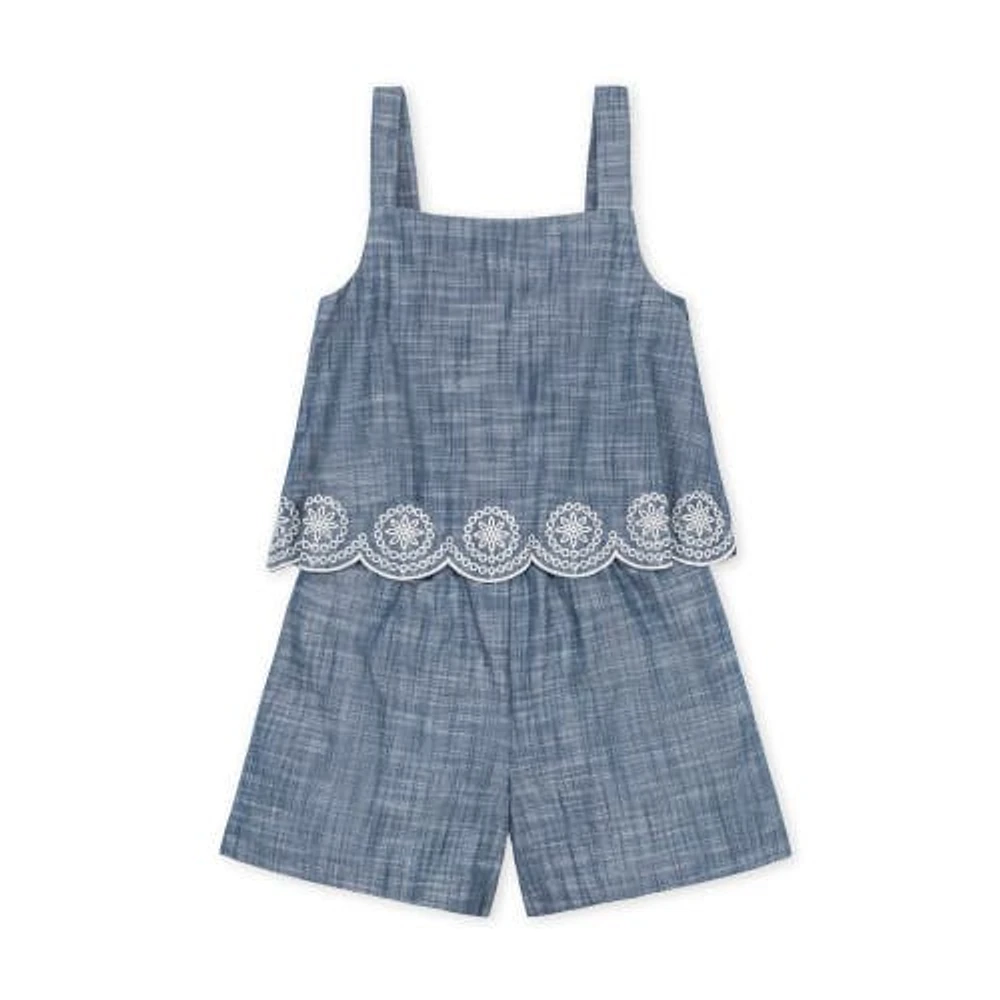 Hope & Henry Girls' Organic Faux Tank Scallop Edge Chambray Romper, Infant Embroidery at Nordstrom,