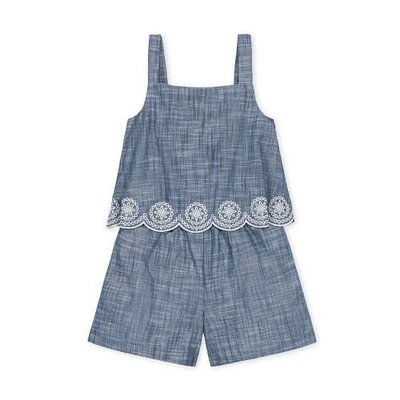 Hope & Henry Girls' Organic Faux Tank Scallop Edge Chambray Romper, Infant Embroidery at Nordstrom,