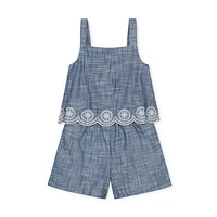 Hope & Henry Girls' Organic Faux Tank Scallop Edge Chambray Romper, Infant Embroidery at Nordstrom,