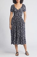 Loveappella Floral Short Sleeve Midi Dress Black/Ivory at Nordstrom,