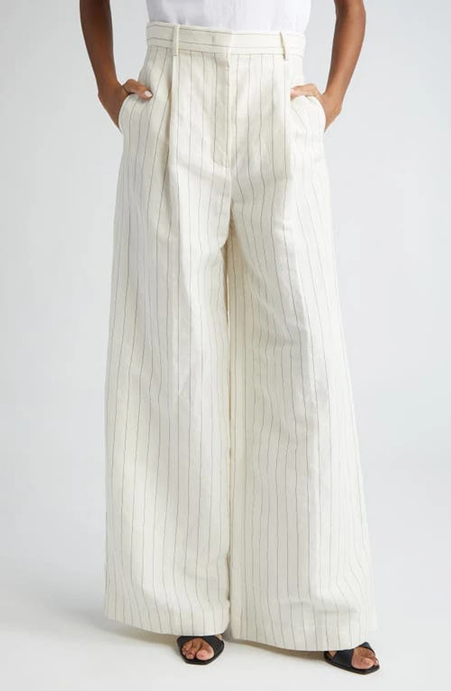 Max Mara Giuliva Pinstripe High Waist Linen & Cotton Wide Leg Trousers White Black at Nordstrom,