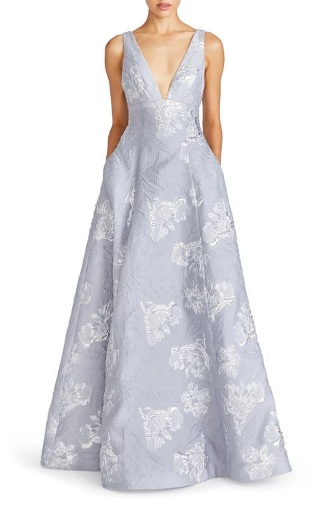 ML Monique Lhuillier Madeline Jacquard Gown Silver at Nordstrom,