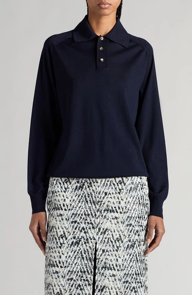 Bottega Veneta Lightweight Fine Wool Long Sleeve Polo 4121 Navy at Nordstrom,