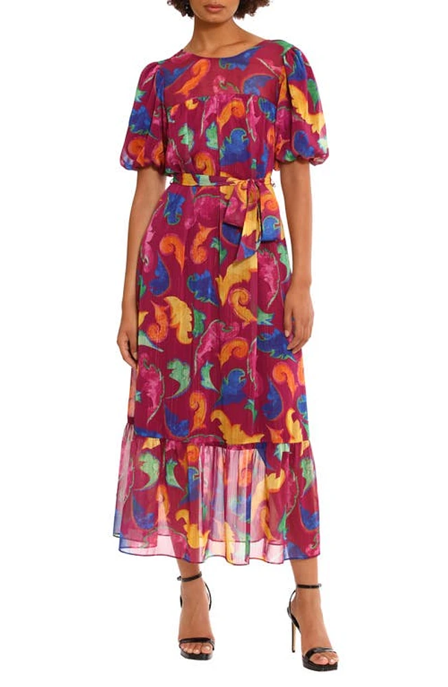 DONNA MORGAN FOR MAGGY Floral Tiered Puff Sleeve Tie Waist Dress Ripe Plum/Azalea at Nordstrom,