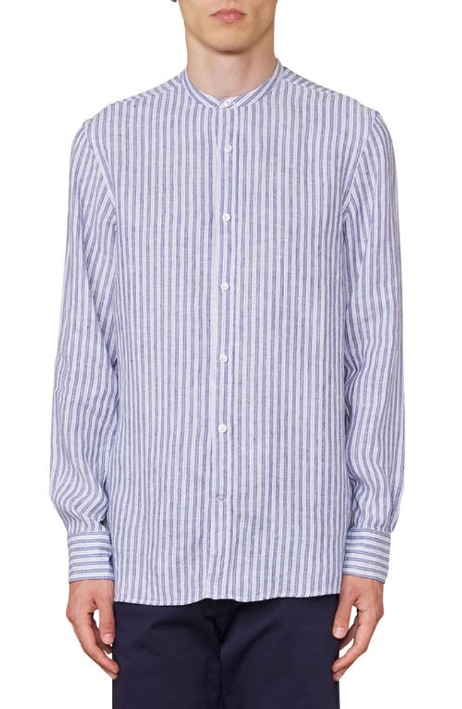 Officine Générale Gaston Stripe Linen Blend Button-Up Shirt Dark Navy/White at Nordstrom,