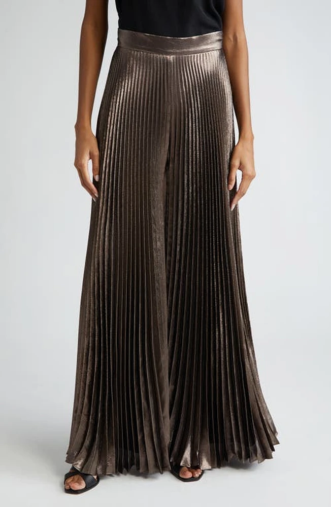 Max Mara Panteon Pleated Metallic Silk Blend Wide Leg Pants Bronze at Nordstrom,