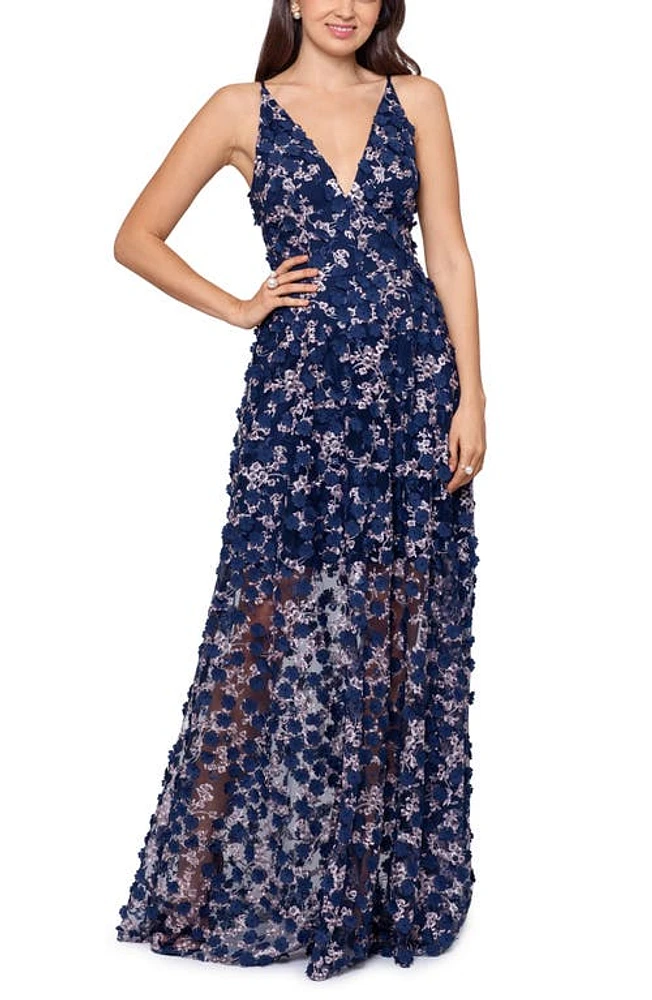 Xscape Evenings 3D Floral Sleeveless Gown Navy/blush at Nordstrom,