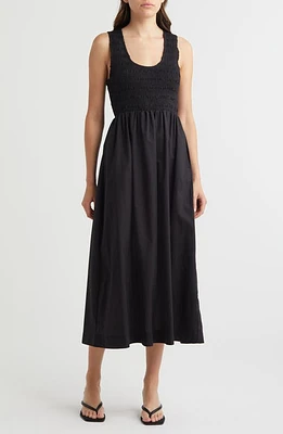 Faithfull the Brand Matera Smock Bodice Sleeveless Organic Cotton Midi Dress Black at Nordstrom,