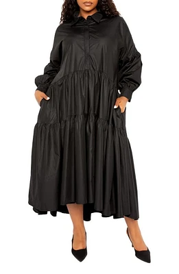 BUXOM COUTURE Long Sleeve Tiered Cotton Blend Shirtdress Black at Nordstrom, X