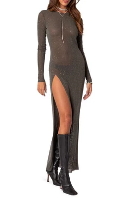 EDIKTED Glitter Side Slit Long Sleeve Mesh Maxi Dress Olive at Nordstrom,