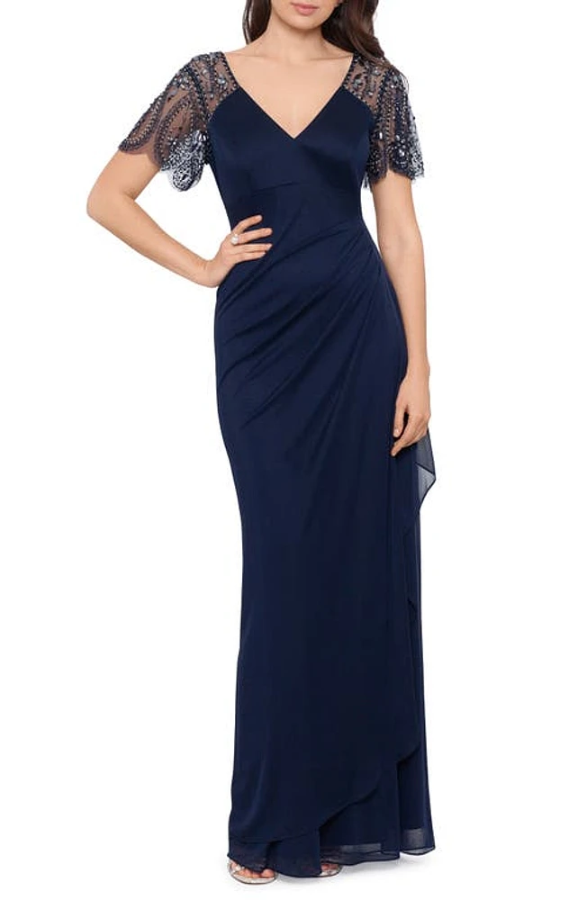 Xscape Evenings Beaded Sleeve Ruched Column Gown at Nordstrom,