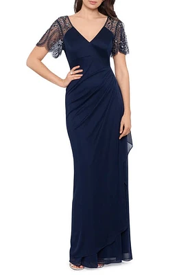 Xscape Evenings Beaded Sleeve Ruched Column Gown at Nordstrom,