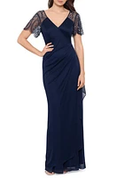 Xscape Evenings Beaded Sleeve Ruched Column Gown at Nordstrom,