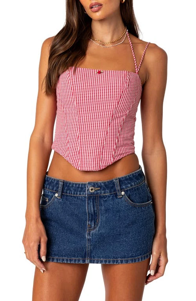 EDIKTED Pippa Gingham Lace-Up Back Corset Top Red at Nordstrom,