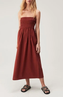 NASTY GAL Smocked Strapless Cotton Midi Dress Rust at Nordstrom,