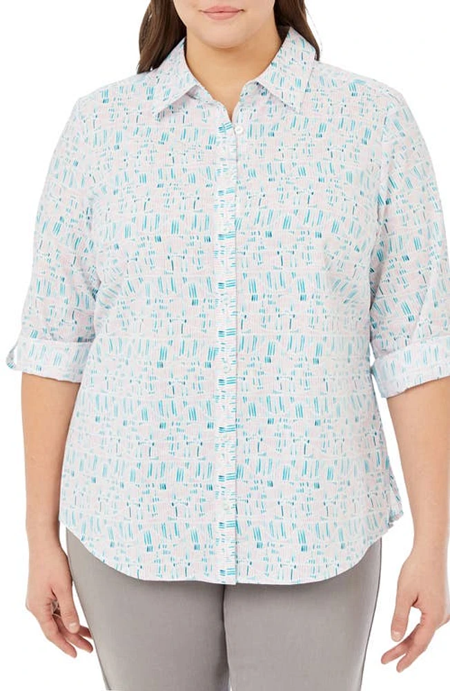 Foxcroft Zoey Printed Roll Tab Cotton Button-Up Shirt Oceanside at Nordstrom,