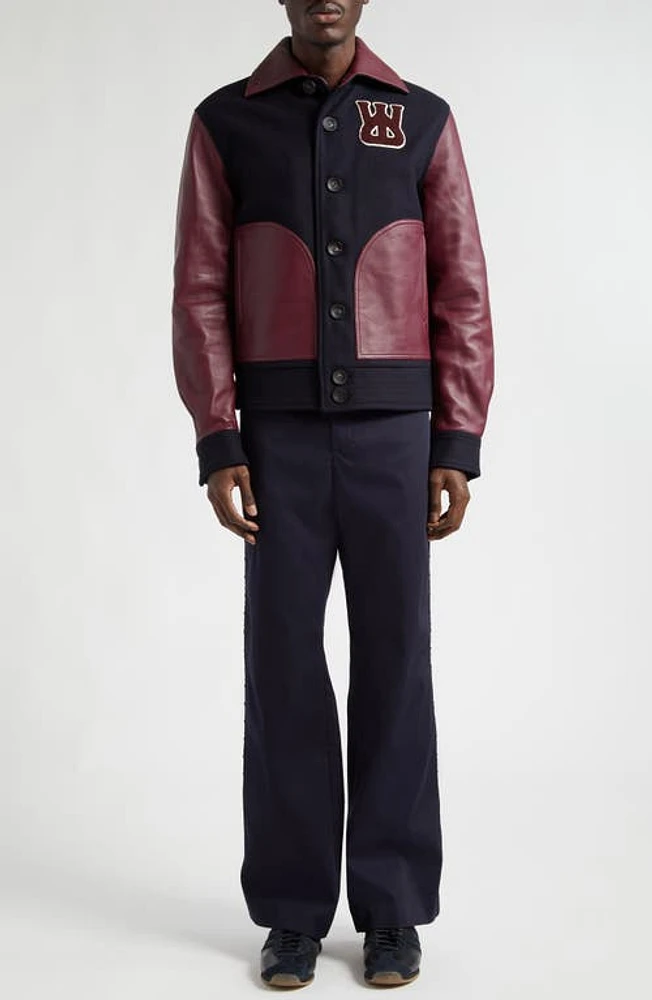 Wales Bonner Harlem Logo Patch Wool & Leather Varsity Jacket Navy And Red at Nordstrom, Us