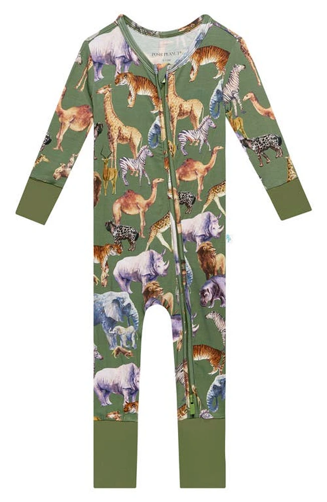 Posh Peanut Safari Fitted Convertible Footie Pajamas Open Green at Nordstrom,