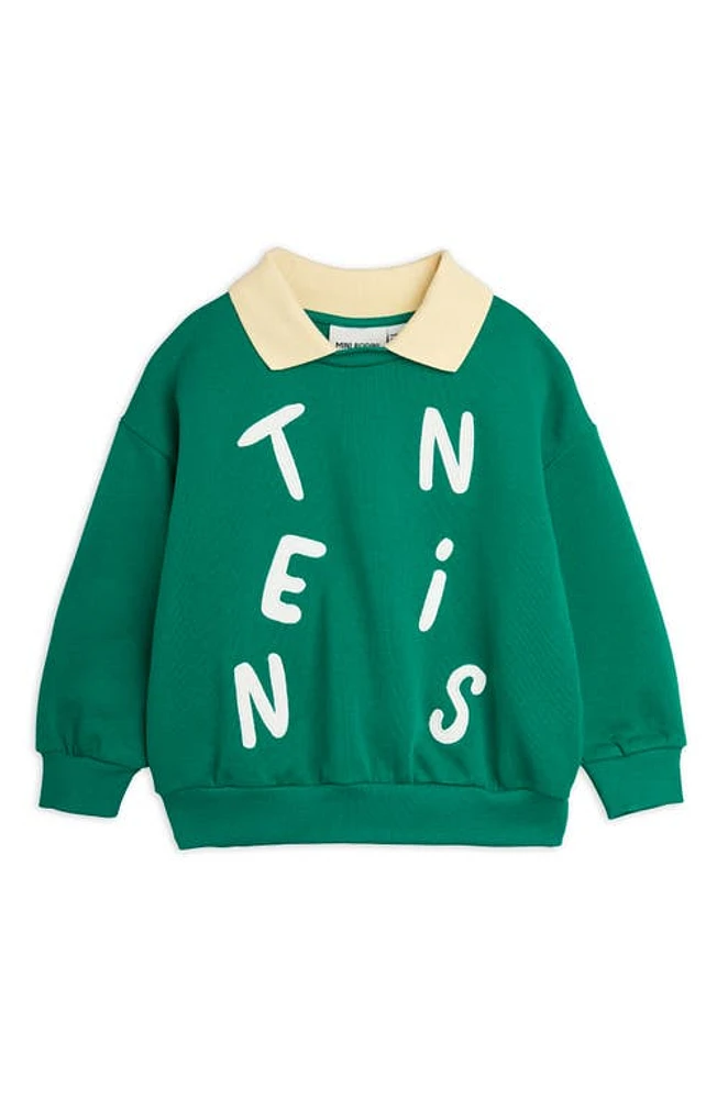 Mini Rodini Kids' Tennis Appliqué Collared Organic Cotton Graphic Sweatshirt Green at Nordstrom,