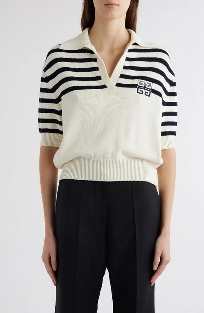 Givenchy Logo & Stripe Crop Polo Sweater White/Navy at Nordstrom,