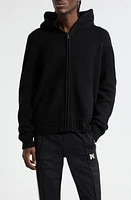 Palm Angels Curved Intarsia Logo Wool Blend Zip Hoodie Black White at Nordstrom,