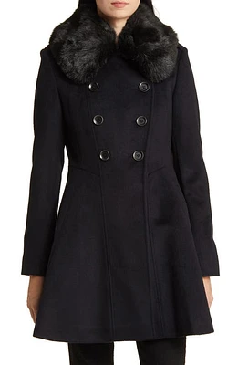 Via Spiga Faux Fur Collar Wool Blend Skater Coat Black at Nordstrom,