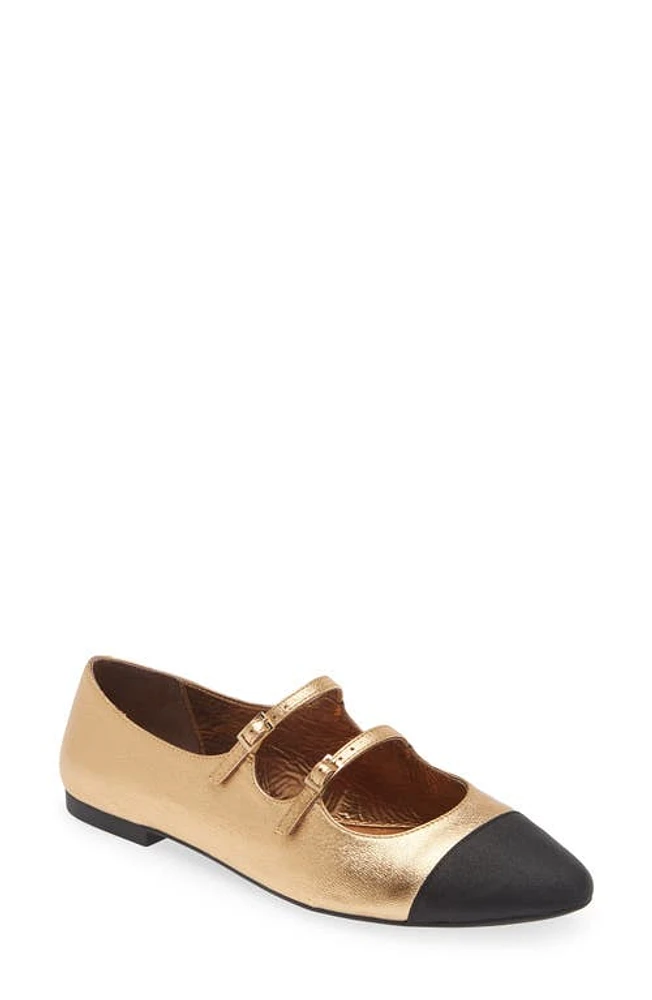 Jeffrey Campbell Satine Double Strap Metallic Mary Jane Flat Gold/Black Fabric at Nordstrom,