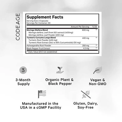 Codeage Liposomal Moringa+ Supplement, Moringa Oleifera, Turmeric, Ashwagandha, Black Pepper, 180 ct in White at Nordstrom