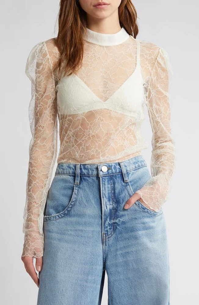 FRAME Sheer Lace Mock Neck Top Cream at Nordstrom,