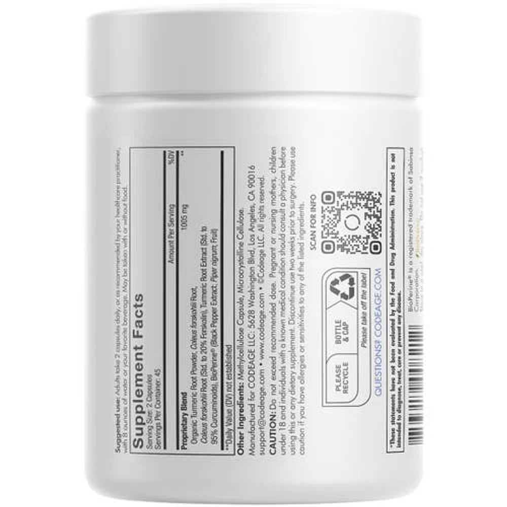 Codeage Forskolin Turmeric, Organic Turmeric Powder 95% Curcuminoids, Black Pepper, Coleus Forskohlii, 90 ct in White at Nordstrom