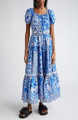 FARM Rio Tile Dream Puff Sleeve Belted Cotton Maxi Dress in Tile Dream Multicolo at Nordstrom, Size Small