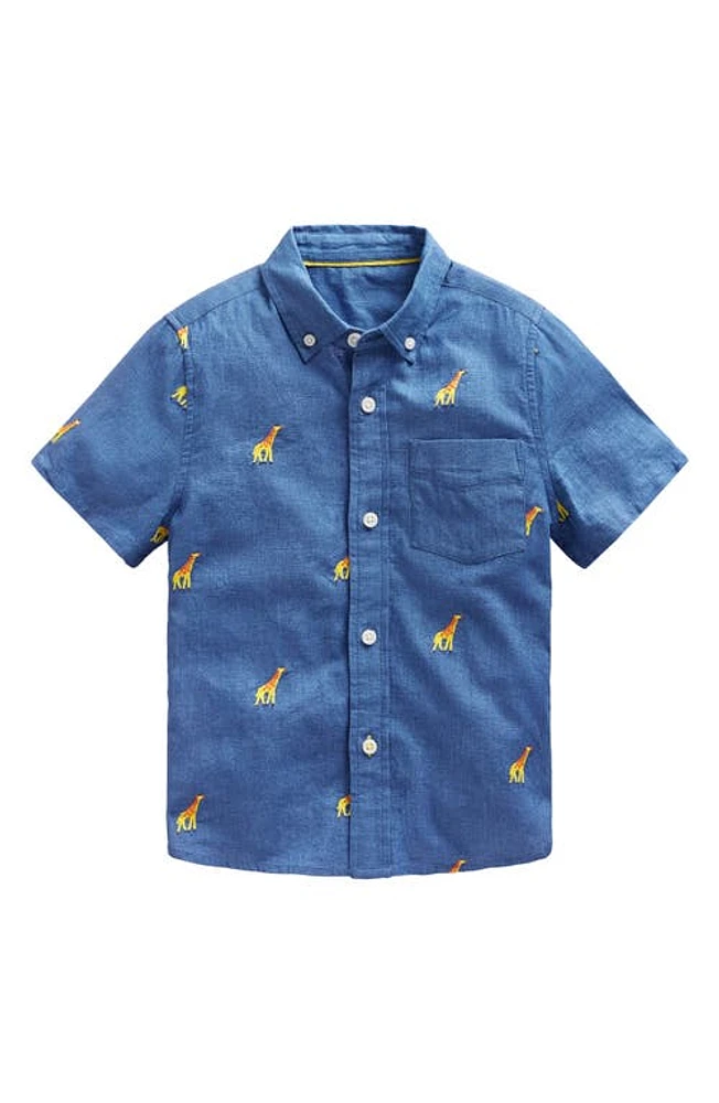 Mini Boden Kids' Giraffe Embroidered Short Sleeve Linen & Cotton Button-Down Shirt Chambray Embroidery at Nordstrom,