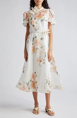 Zimmermann Natura Liftoff Floral Linen & Silk Organza Midi Dress Ivory Camellia at Nordstrom,