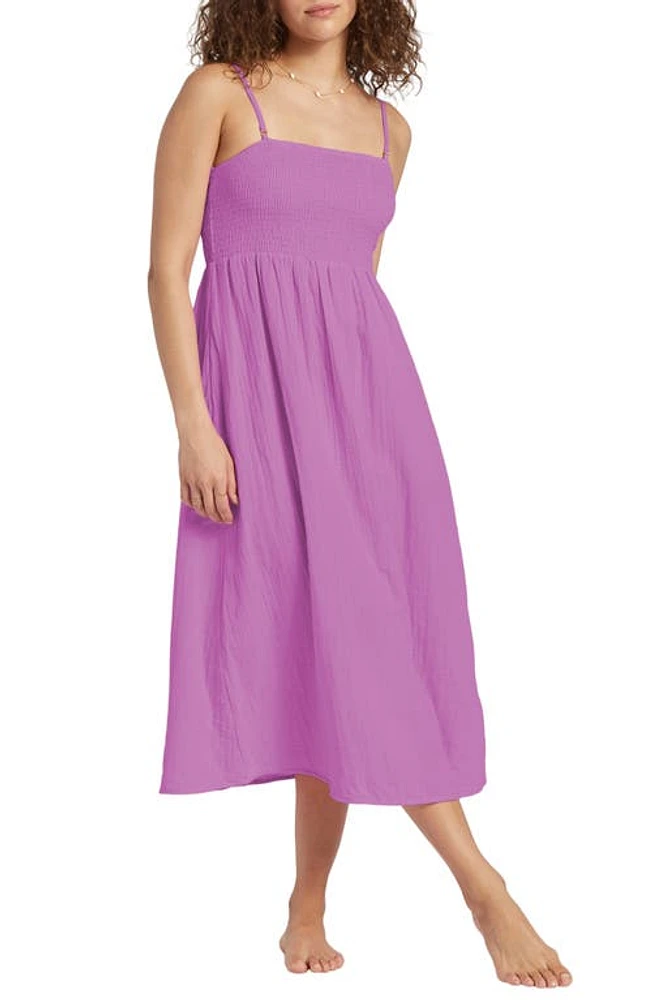 Billabong Off the Coast Smocked Bodice Cotton Midi Dress Lilac at Nordstrom,